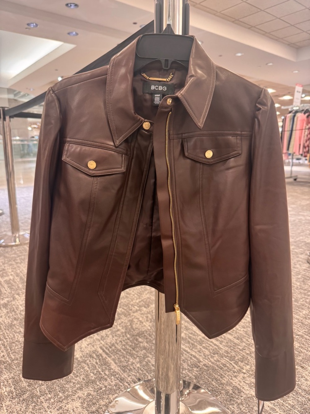 BCBG Chocolate Brown Leather Zip Jacket with Gold Hardware